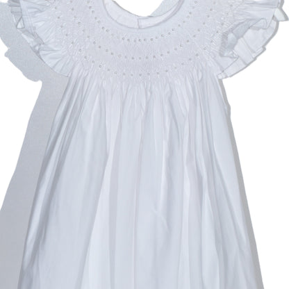 White Geometric Smocked with Pearl Angle Wing Sleeve Dress