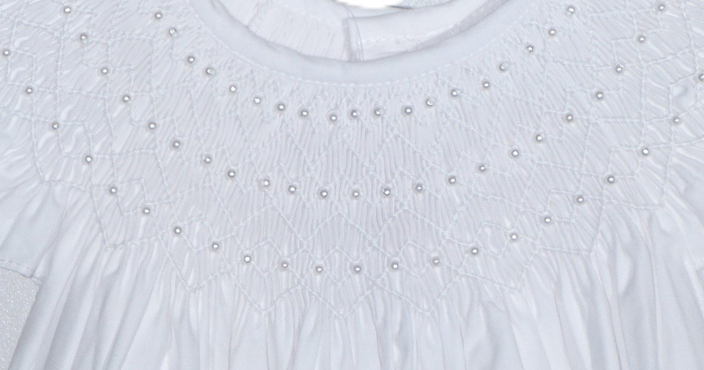 White Geometric Smocked with Pearl Angle Wing Sleeve Dress