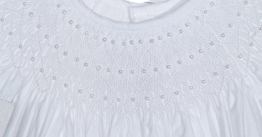White Geometric Smocked with Pearl Angle Wing Sleeve Dress