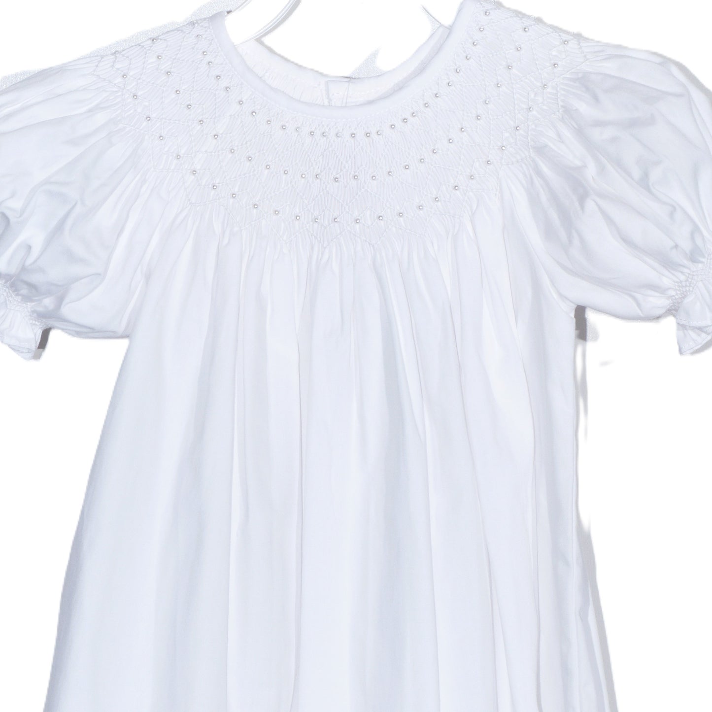 White Geometric Smocked with Pearl Short Bishop Sleeve Dress