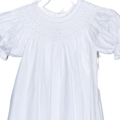 White Geometric Smocked with Pearl Short Bishop Sleeve Dress