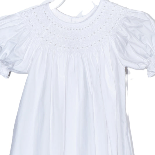 White Geometric Smocked with Pearl Short Bishop Sleeve Dress
