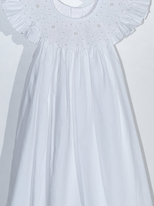 White Geometric Smocked with Pearl Angle Wing Sleeve Dress