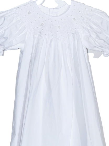 White Geometric Smocked with Pearl Short Bishop Sleeve Dress