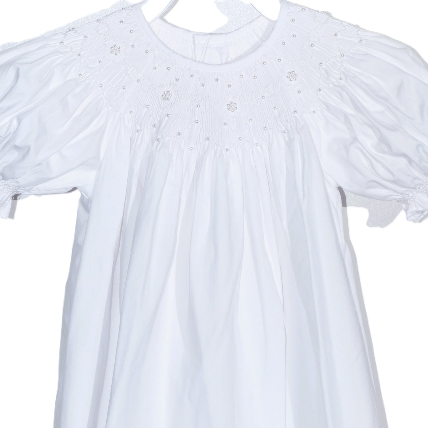 White Geometric Smocked with Pearl Short Bishop Sleeve Dress