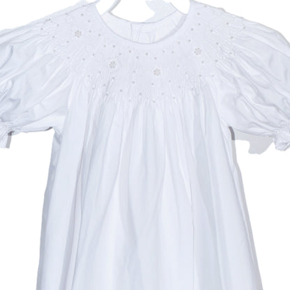 White Geometric Smocked with Pearl Short Bishop Sleeve Dress