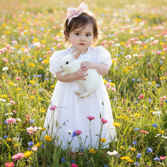 White Geometric Smocked with Pearl Short Bishop Sleeve Dress