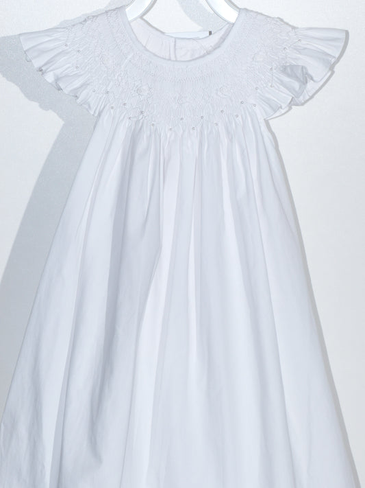 White Geometric Smocked with Pearl Angle Wing Sleeve Dress