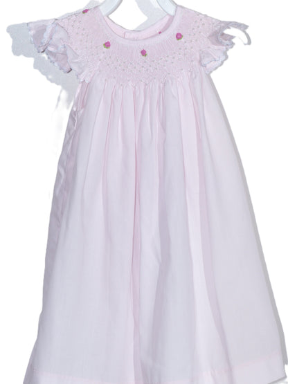 Pink Geometric Smocked with Flowers Angel Sleeve Dress