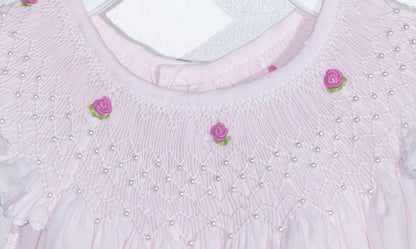 Pink Geometric Smocked with Flowers Angel Sleeve Dress