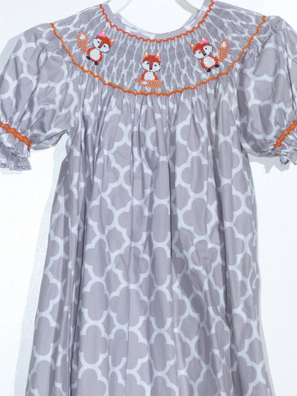 Grey Quartrefoil Pattern Short Bishop Sleeve Dress Featuring FOXES Hand-Smocked