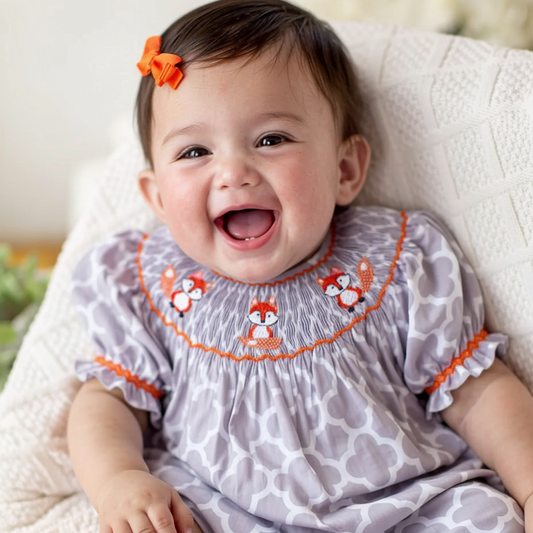 Grey Quartrefoil Pattern Short Bishop Sleeve Dress Featuring FOXES Hand-Smocked