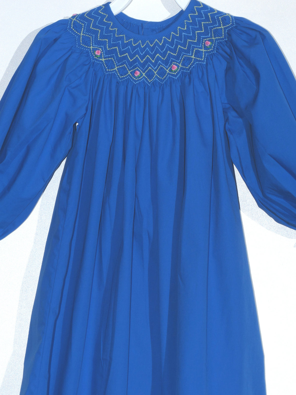 Blue Geometric Smocked With Florals Long Bishop Sleeve Dress