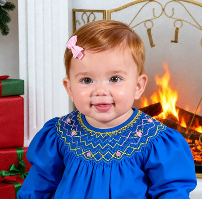 Blue Geometric Smocked With Florals Long Bishop Sleeve Dress