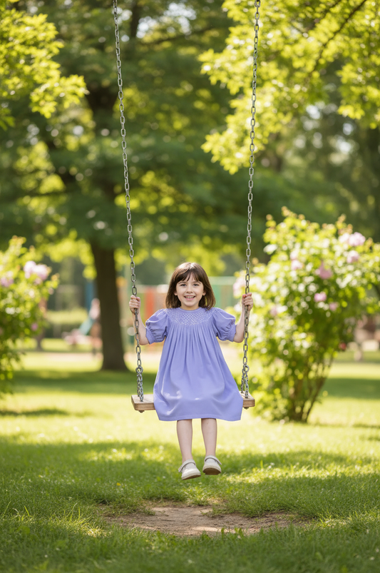 Purple Corduroy Geo Smocked With Pearls Short Sleeve Bishop Dress