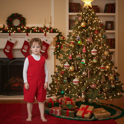 Red Corduroy Santa Smocked Boy Short Overall