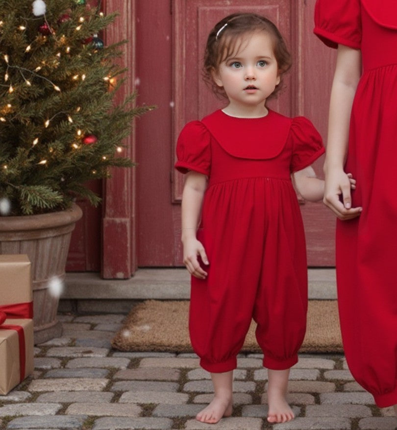 Red Corduroy Girl Romper With Round Collar Monogramable