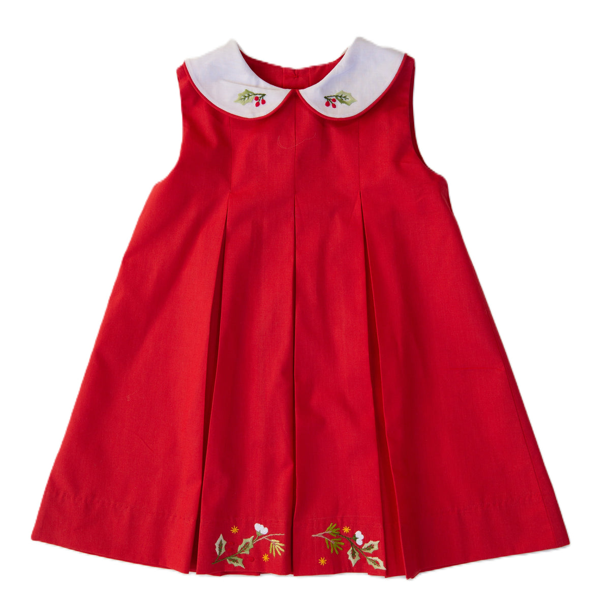Red Sleeveless Dress Featuring White Collar & Holiday Floral Hand Embroidered