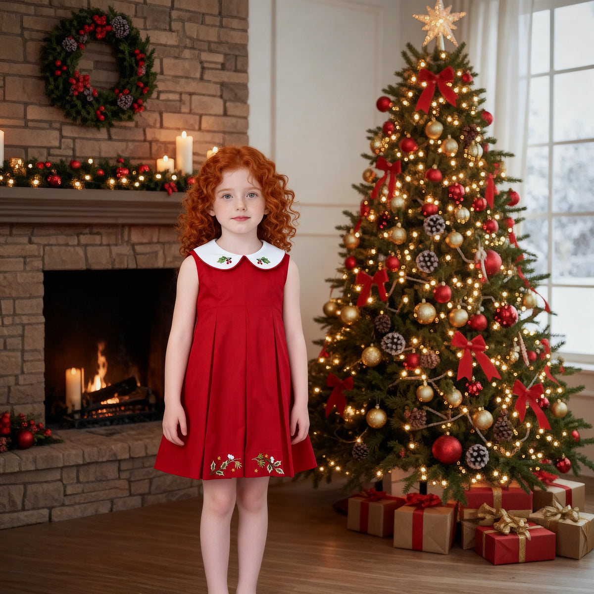 Red Sleeveless Dress Featuring White Collar & Holiday Floral Hand Embroidered