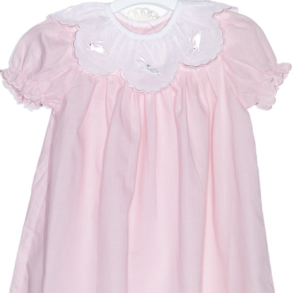 Pink Bunny Embroidered With Scalloped Collar Dress