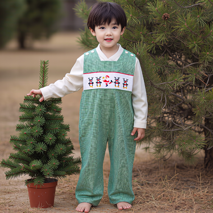 Green Gingham SANTA DANCING Hand-Smocked Boy Longall