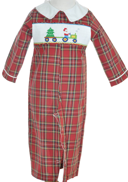 Red Plaid Boy Long Sleeve Romper With HOLIDAY TRACTOR Hand-Smocked