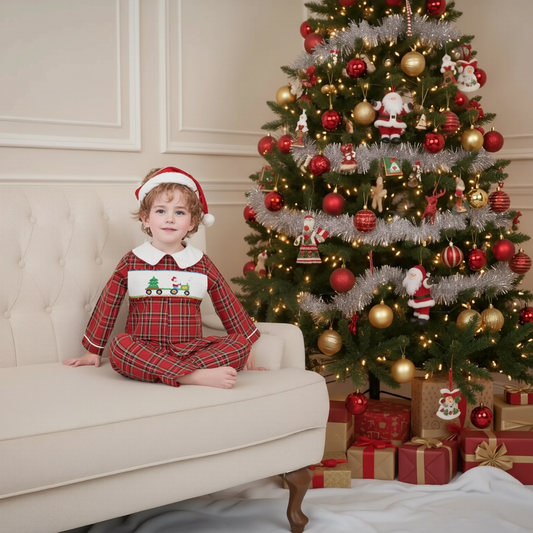 Red Plaid Boy Long Sleeve Romper With HOLIDAY TRACTOR Hand-Smocked