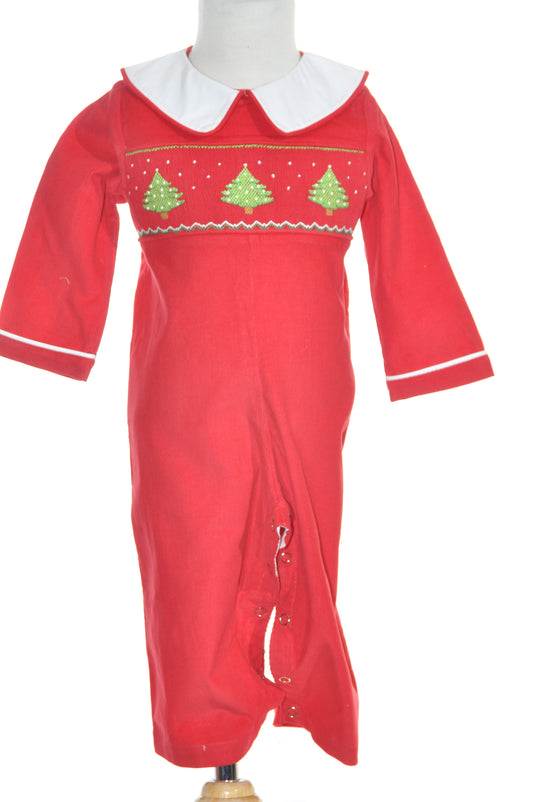 Red Corduroy Christmas Trees Smocked Boy Romper