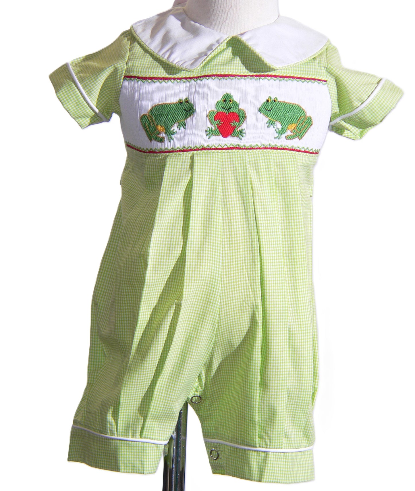 Green Frog with Heart Smocked Boy Romper