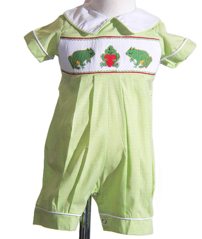 Green Frog with Heart Smocked Boy Romper