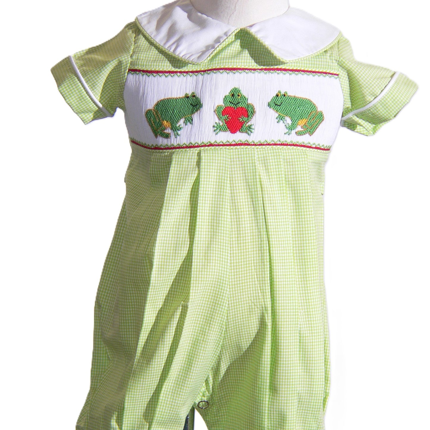 Green Frog with Heart Smocked Boy Romper