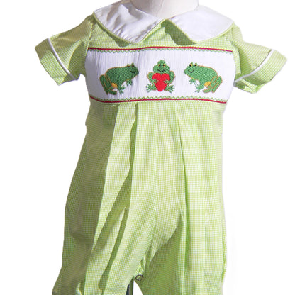 Green Frog with Heart Smocked Boy Romper
