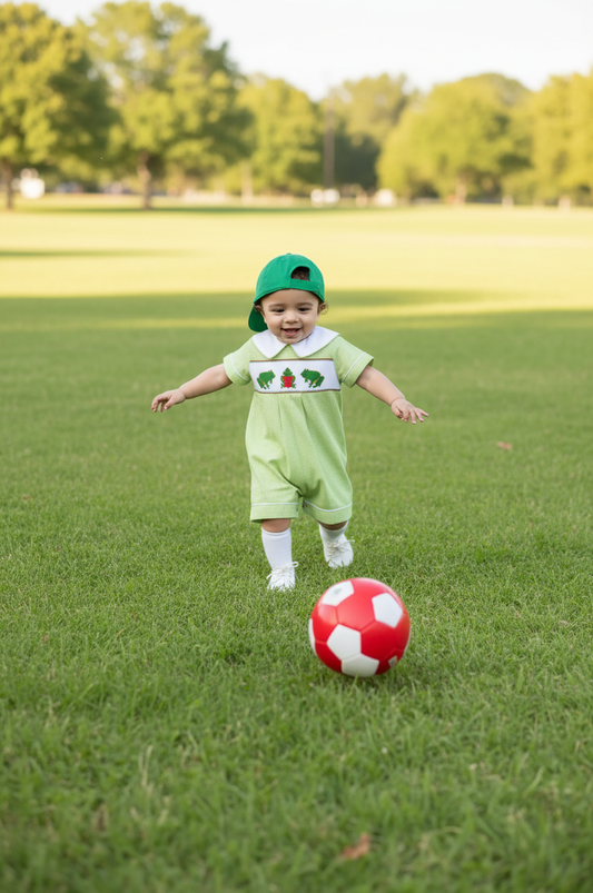 Green Frog with Heart Smocked Boy Romper