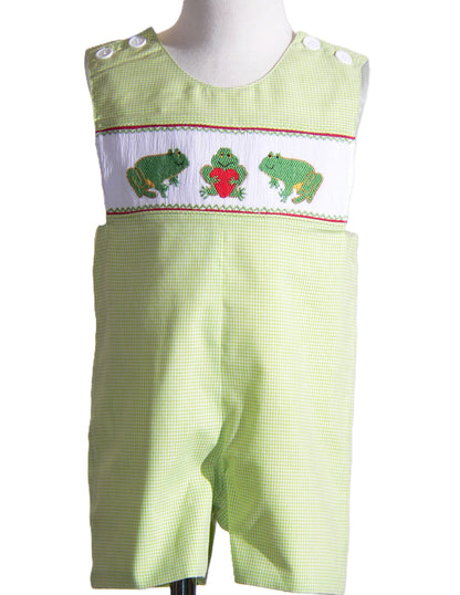 Green Frog with Heart Smocked Boy Shortall