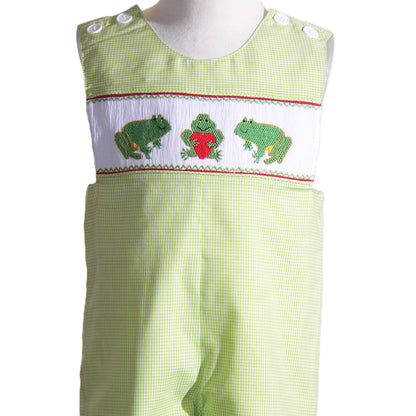 Green Frog with Heart Smocked Boy Shortall