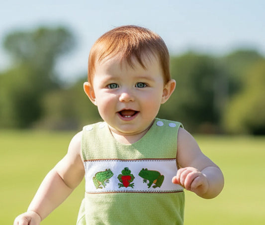 Green Frog with Heart Smocked Boy Shortall