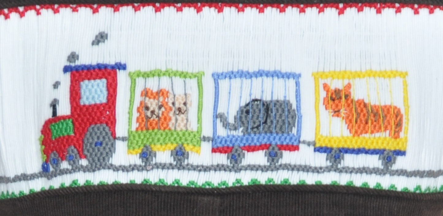 Brown Corduroy Animal Train Smocked Boy Romper