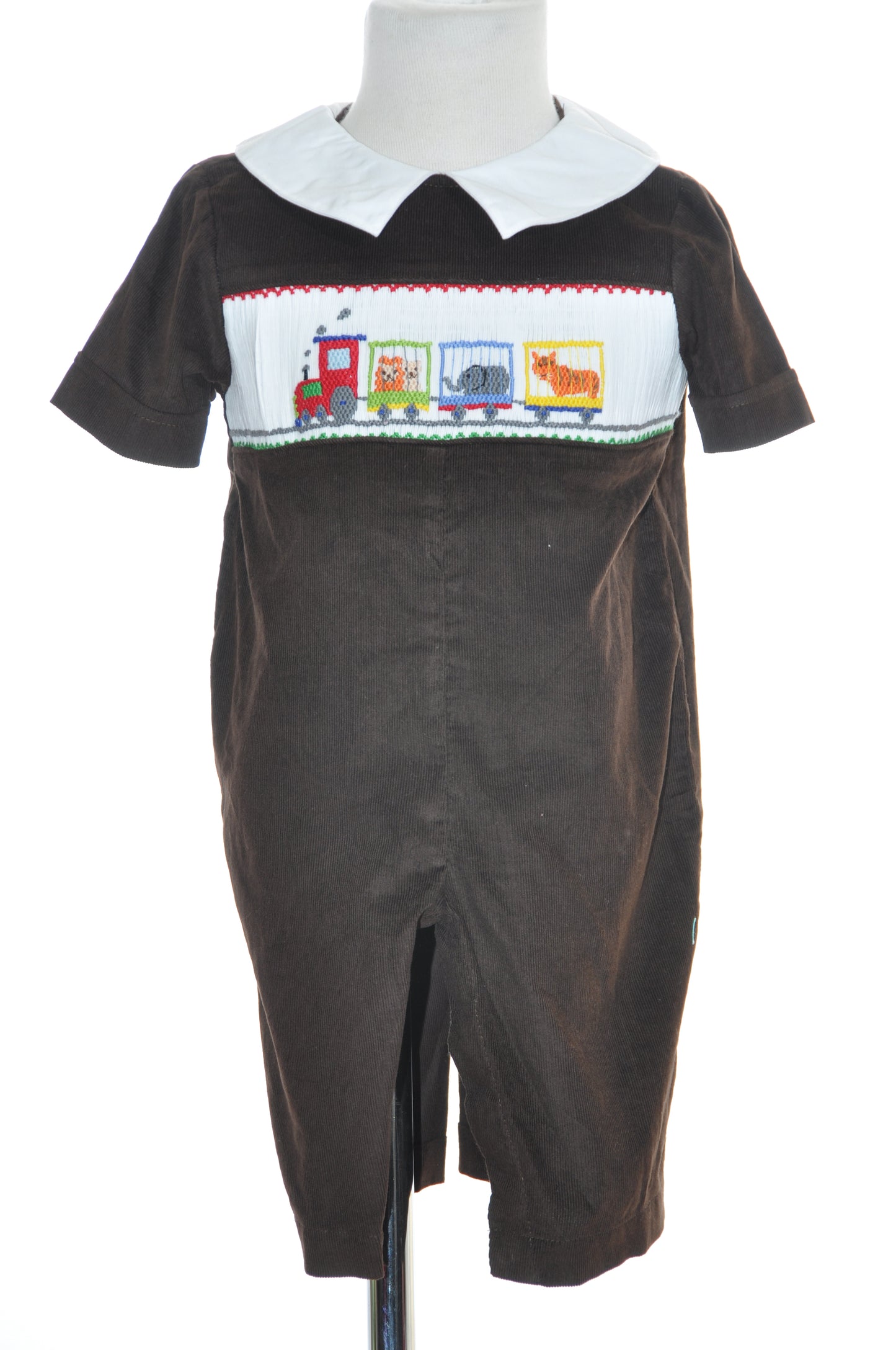 Brown Corduroy Animal Train Smocked Boy Romper