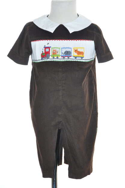 Brown Corduroy Animal Train Smocked Boy Romper