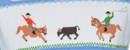 Blue Corduroy Rodeo Rider Smocked Boy Romper