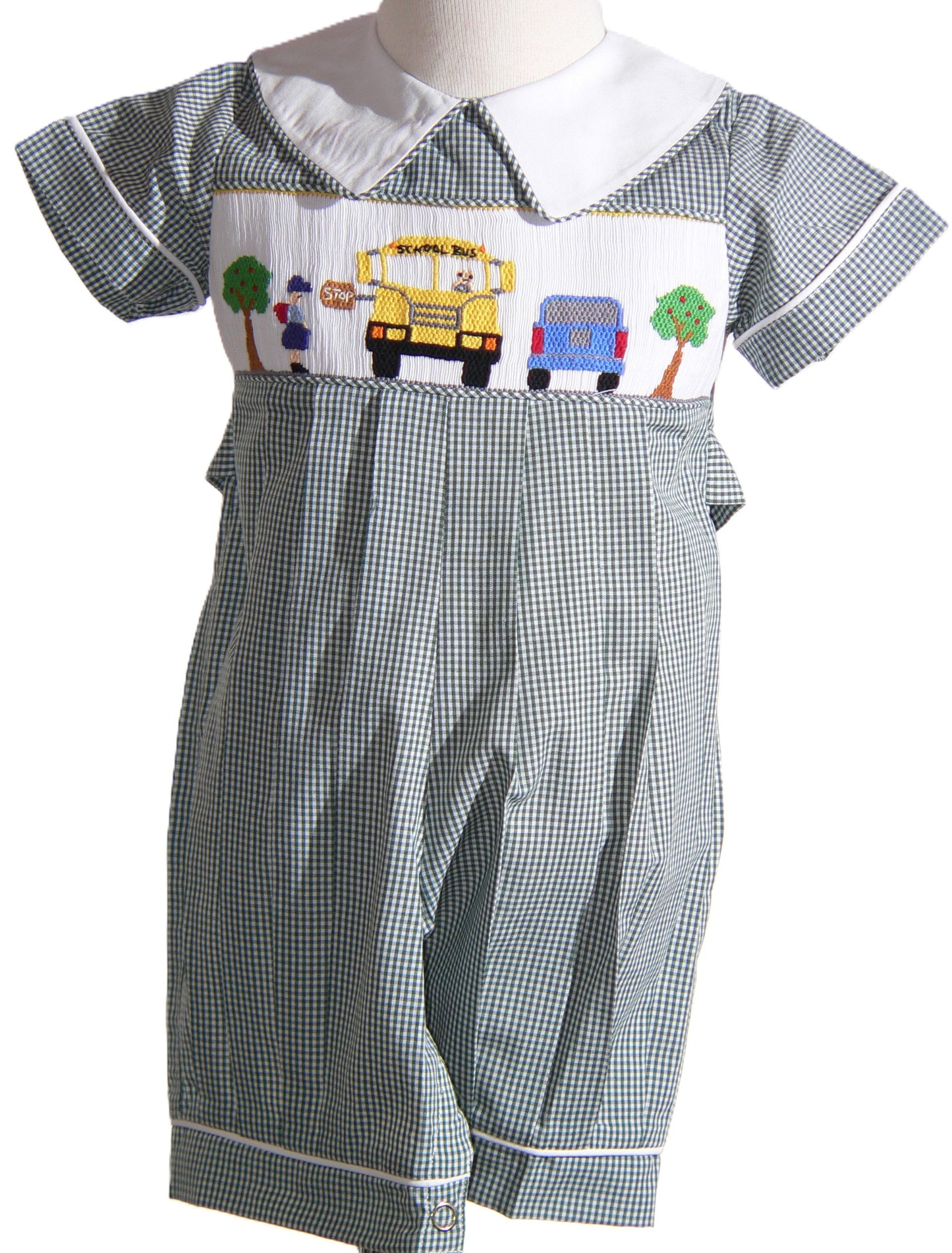 Green Gingham Boy Romper Featuring SCHOOL BUS Smocked