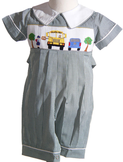 Green Gingham Boy Romper Featuring SCHOOL BUS Smocked