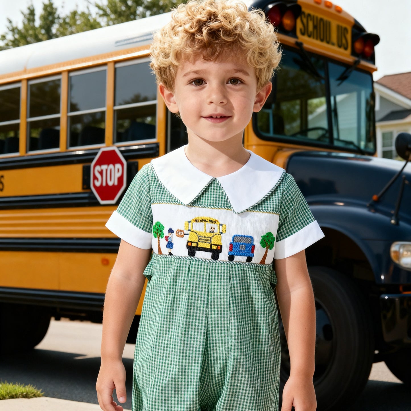 Green Gingham Boy Romper Featuring SCHOOL BUS Smocked