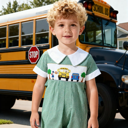 Green Gingham Boy Romper Featuring SCHOOL BUS Smocked