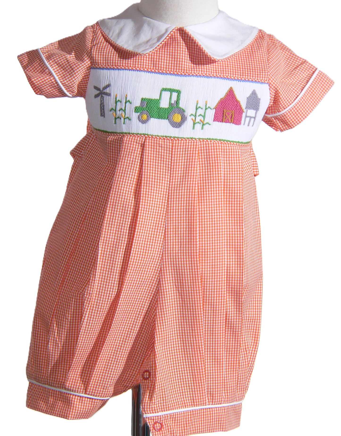 Orange Gingham Boy Romper featuring TRACTOR Hand-Smocked