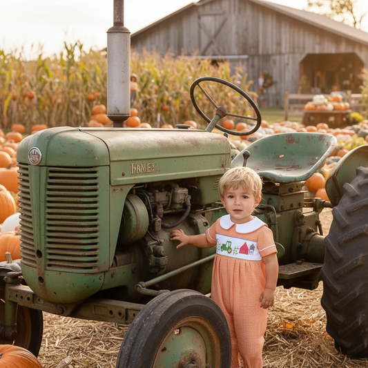 Orange Gingham Boy Romper featuring TRACTOR Hand-Smocked