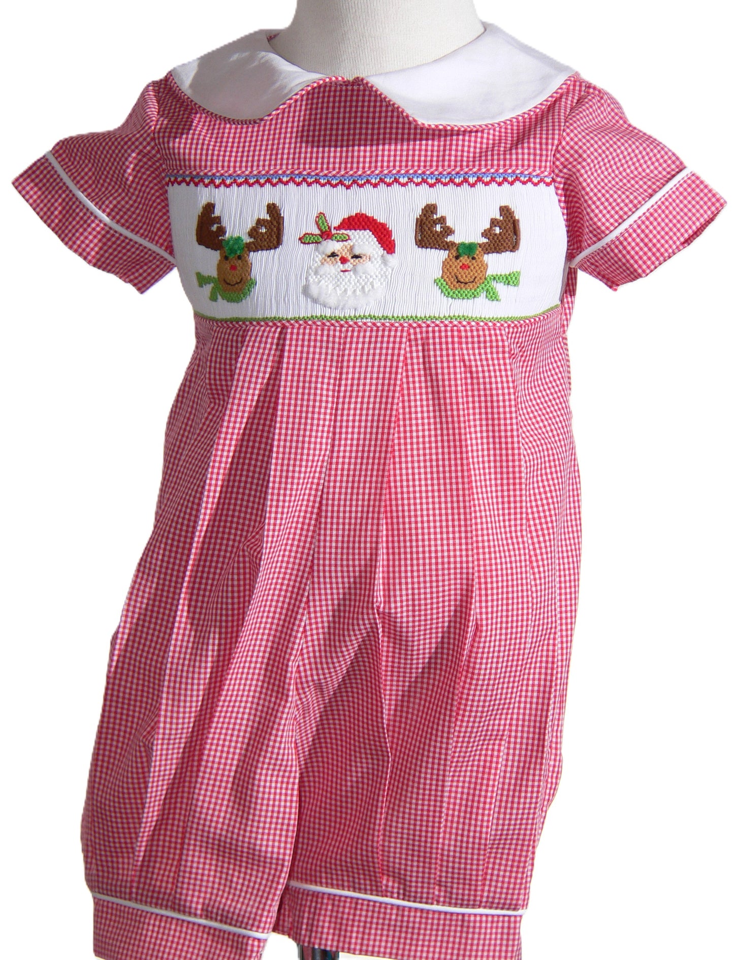Red Gingham Boy Romper With SANTA & RUDOLPH Smocked