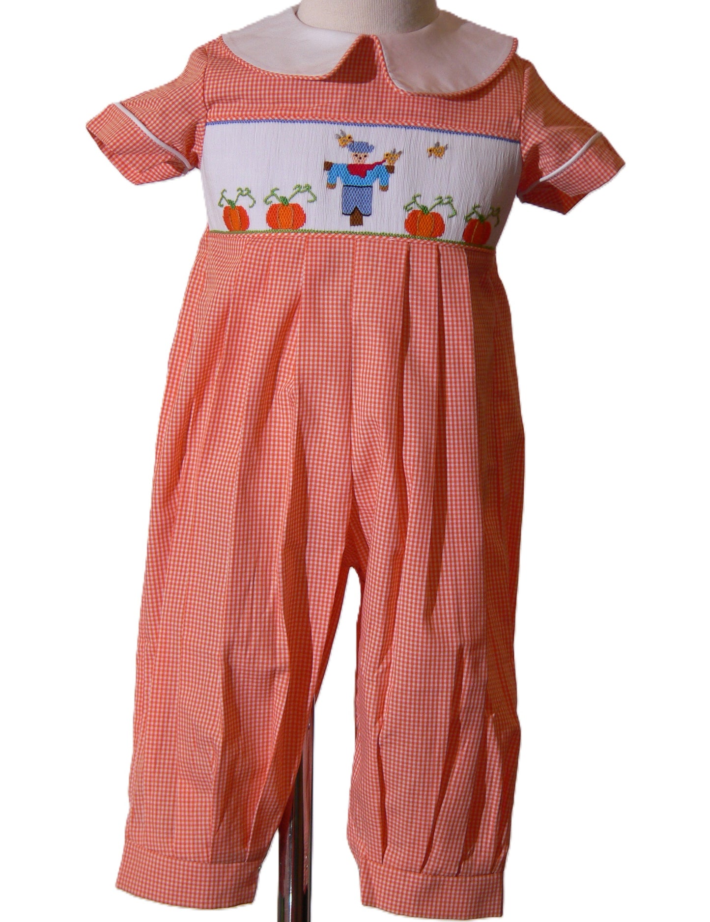 Orange Gingham Boy Romper featuring Scarecrow Hand-Smocked