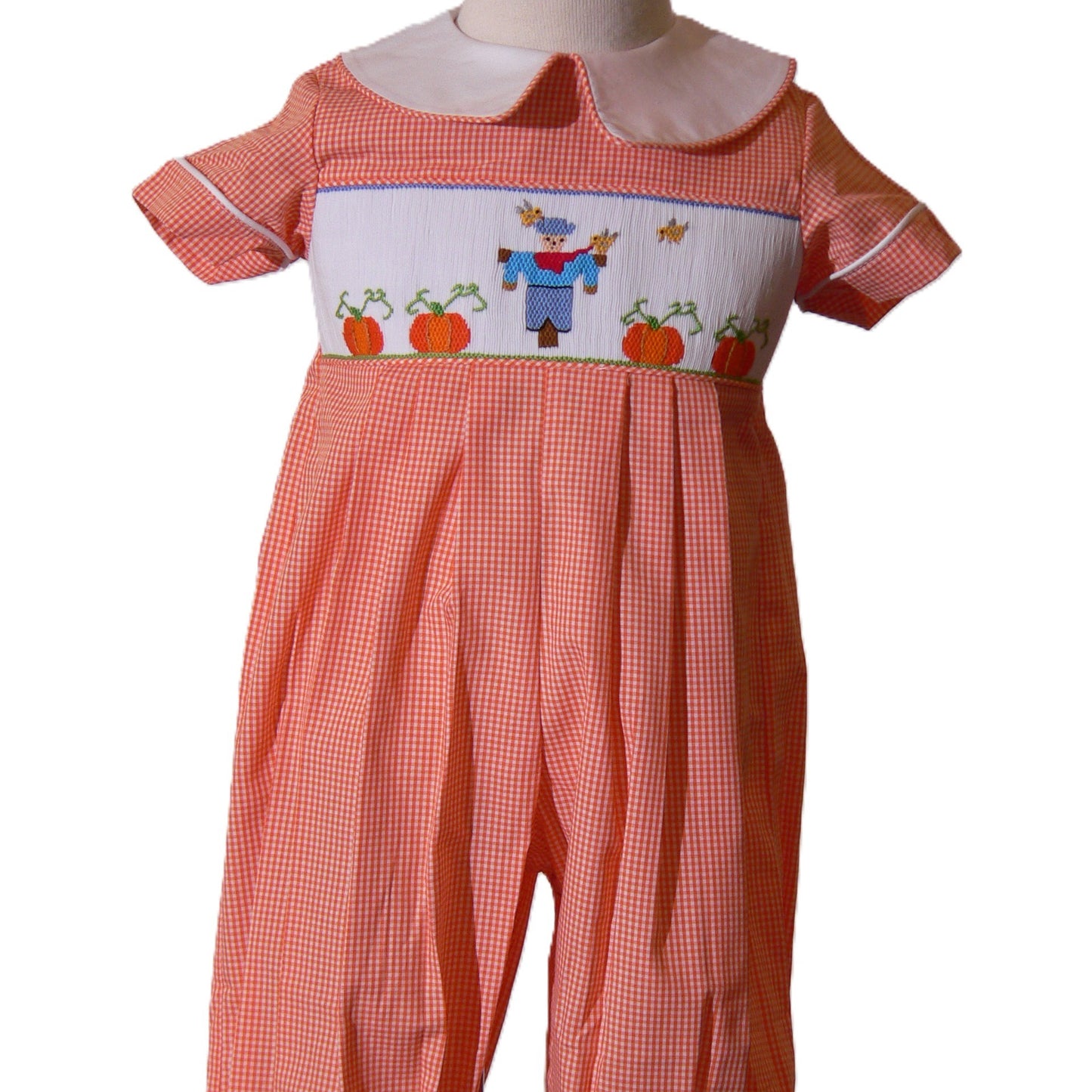 Orange Gingham Boy Romper featuring Scarecrow Hand-Smocked