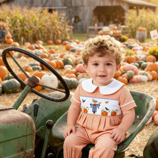 Orange Gingham Boy Romper featuring Scarecrow Hand-Smocked
